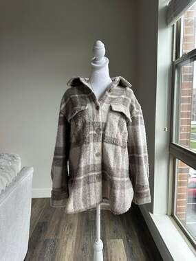 H&M Oversized Plaid Flannel Jacket Brown Cream Cabincore XS